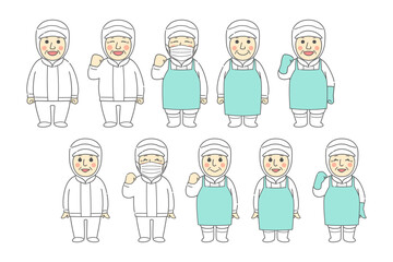 中高年男性と中高年女性のポーズ、表情、作業着（無塵服・エプロン・マスク）を組み合わせたイラストセット