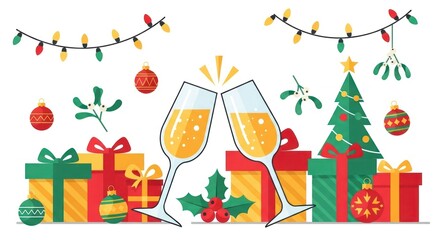 Festive Christmas Celebration with Gifts, Champagne Toast, and Decorative Holiday Accents.