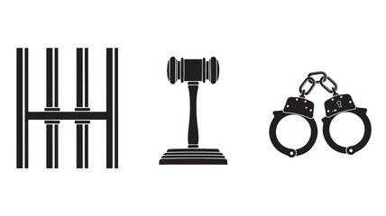 Jail Bars with Gavel and Handcuffs in Minimalist Black Silhouette on White Background for Law Enforcement