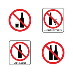 No alcohol prohibition signs set with bottle and glass icons