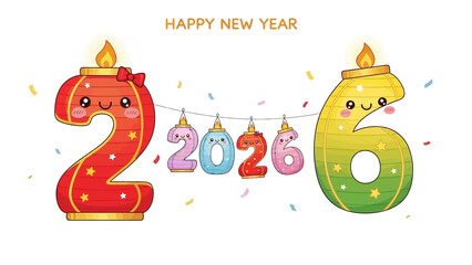 Fototapeta premium Kawaii 2026 Happy New Year vector illustration, cute cartoon number characters with faces, festive holiday greeting card design with colorful candles