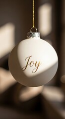 Delicate Christmas Ornament with the Word Joy Hanging in Soft Focus and Warm Light.