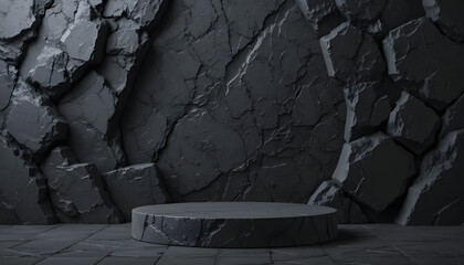 Fototapeta premium Dark stone podium in front of rugged black rock wall background