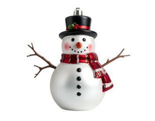 Ceramic snowman ornament with top hat, scarf, and twigs