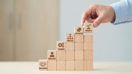 Human resources onboarding stages and employee integration concept using stacked cube blocks in structured progression