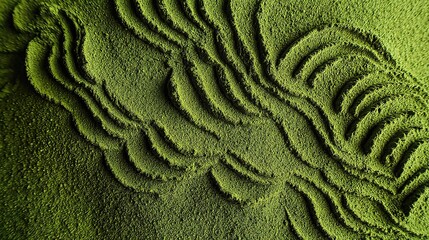 Delicate matcha powder, featuring subtle green ripple patterns and smooth swirls, highlighting the natural vibrant color of the green tea powder and its fine, powdery texture.