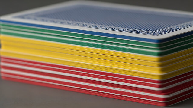 A close-up view of a stack of multiple decks of playing cards, each deck distinguished by its unique colored edge, including red, yellow, green, and blue.