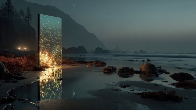 Mystical mirror at twilight beach, reflective and shimmering