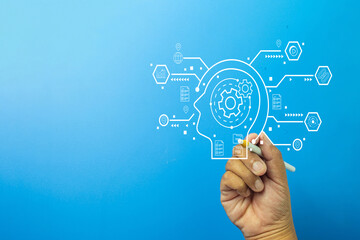 Hand drawing digital human head with gears and network icons. Concept of artificial intelligence, machine learning, smart business strategy, data analytics, and innovation on blue background.