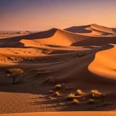 Golden Desert Dunes Under Low Sunlight With Quiet Horizon.