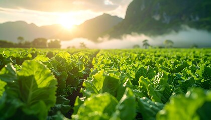 Lush Green Lettuce Field at Sunrise.