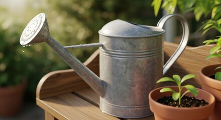 Metal watering can beside young plant seedlings on a wooden table in sunny outdoor setting.