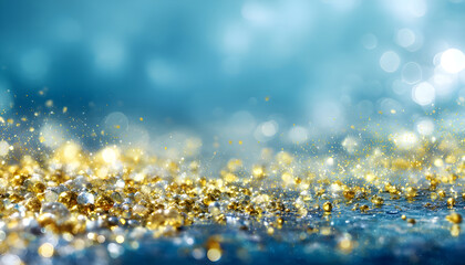 Golden Opportunities Overflowing with Sparkling Treasure, Conceptualizing Success and Limitless Possibilities in a Serene Blue Background, Perfect for Marketing Campaigns Focused on Innovation.