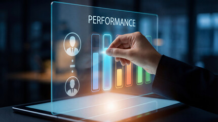 Human resources performance management visual with hand adjusting bar indicators on glass dashboard in professional corporate environment