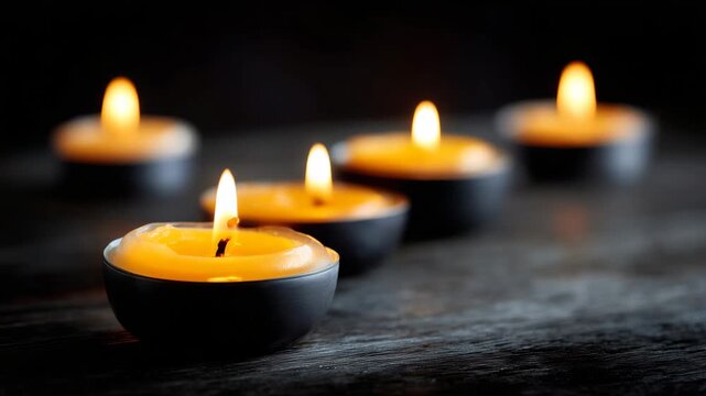 4K video A solemn, intimate memorial scene featuring several small lit candles placed on a dark wooden surface.