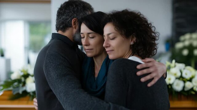 a small family standing closely together in front of an open coffin during a memorial service. A man and two women embrace each other fro