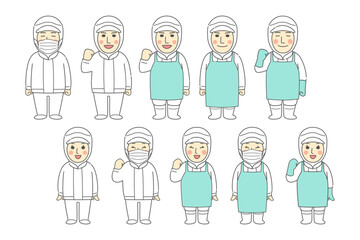 製造、食品加工で元気に働く若い男性・若い女性の笑顔やガッツポーズの組み合わせイラスト