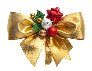 Ornate gold Christmas bow adorned with red, white, gold baubles
