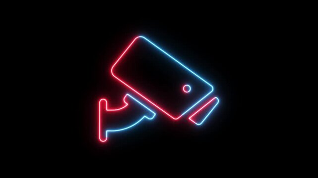 Animated glowing neon cc camera icon. cctv camera motion graphics. glowing Security camera icon.