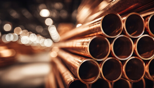 Warm-toned industrial photo of shining copper pipes stacked in perfect alignment, illuminated by warehouse lamps producing subtle flares and gradients