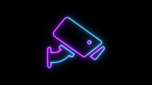 Animated glowing neon cc camera icon. cctv camera motion graphics. glowing Security camera icon.