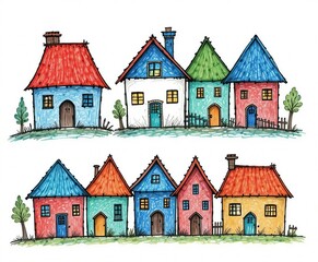 Naklejka premium Vector illustration of a cartoon old town featuring a set of residential brick houses with European architecture and castle style roofs under a blue sky