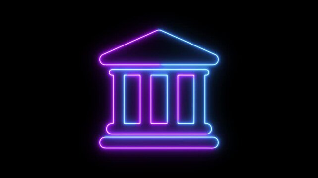 neon bank icon animation, virtual finance structure light motion, digital banking logo animation background, glowing architecture finance symbol.