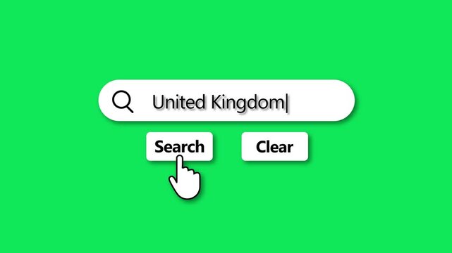 Search bar with United Kingdom typed in and cursor hovering over search button internet online