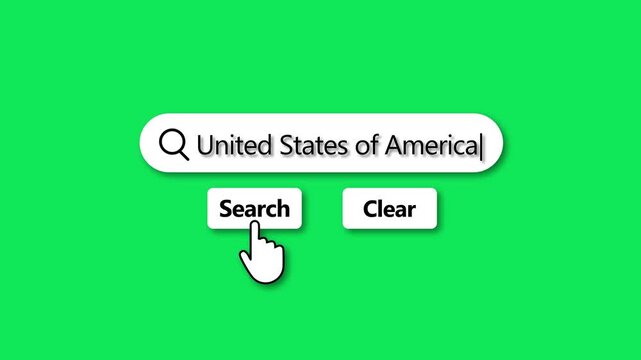 Search bar with United States of America typed in and cursor hovering over search button internet online