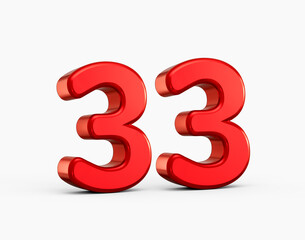 Bold red 3D number 33 showing a reflective glossy finish and crisp modern look, 3D illustration