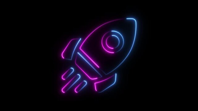 glowing neon plane icon animation. Neon line zet plane fighter reactive pursuit military. A glowing neon outline of an airplane. Glowing neon background, 4k