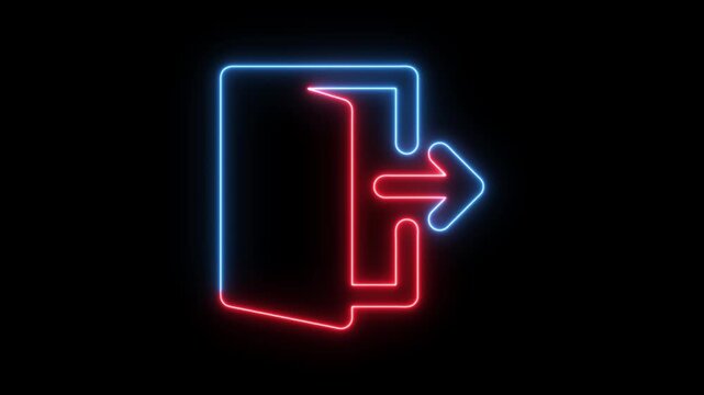 glowing neon document file and information database upload or transfer process with arrow icon animation. Upload blue folder icon on black background.