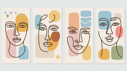 Abstract faces with colorful shapes and lines on canvas