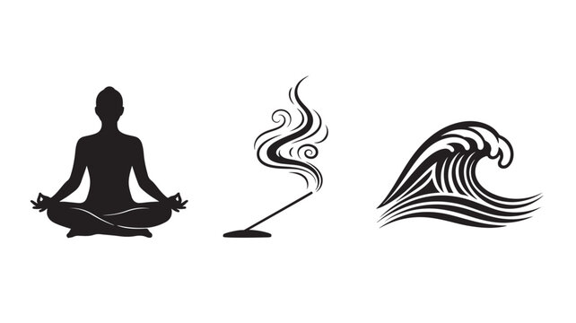 Meditating person with smoke and wave elements in minimalist black silhouette on white background for wellness branding