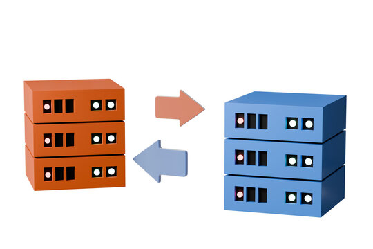 3d database server exchange icon. data synchronization concept. minimal cartoon server stacks arrows for cloud migration marketing. isolated on white transparent background. 3d render.