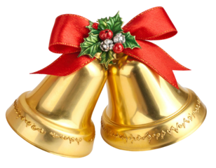 Two gleaming golden bells adorned with a red ribbon and holly