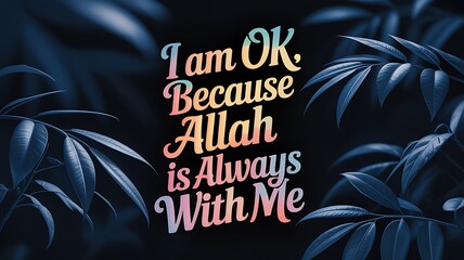 Inspirational Islamic Quote “I Am OK, Because Allah Is Always With Me” with Celestial Blue Background