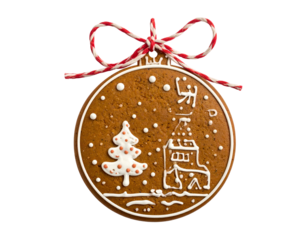 Gingerbread ornament with winter scene, tied with festive string