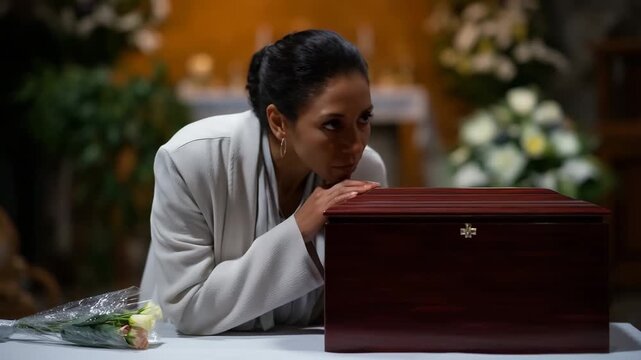 memorial scene set indoors during a funeral ceremony. In the foreground, a person dressed in light-colored clothing leans forward over a polished wooden crematio