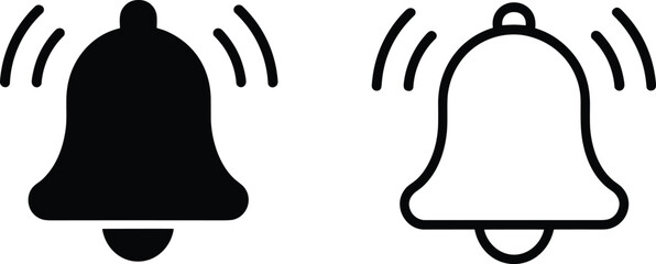 Notification bell icons set showing ringing alert symbols in solid and outline styles, modern UI notification concept for apps, websites, and interfaces