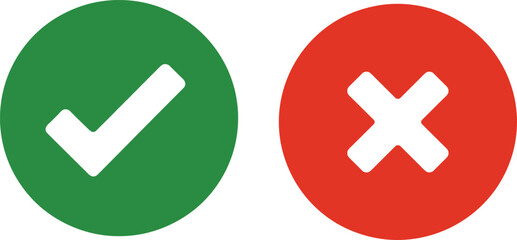 Obraz premium Green check mark and red cross icons set representing approval and rejection symbols, confirmation and error concept for UI, apps, and websites
