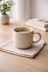 Obraz premium Minimal ceramic coffee mug on wooden table with soft natural light