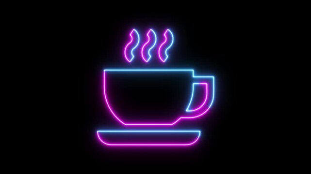 Neon coffee cup with steam on black background coffee, cup, mug, hot, drink, beverage, steam, smoke, vapor, red, neon, glowing, light, dark, abstract, graphic, design, digital, icon