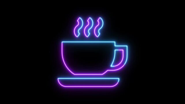 Neon coffee cup with steam on black background coffee, cup, mug, hot, drink, beverage, steam, smoke, vapor, red, neon, glowing, light, dark, abstract, graphic, design, digital, icon