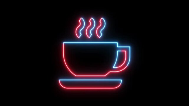 Neon coffee cup with steam on black background coffee, cup, mug, hot, drink, beverage, steam, smoke, vapor, red, neon, glowing, light, dark, abstract, graphic, design, digital, icon
