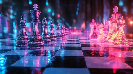 Fototapeta premium Neon Chess Confrontation: A Futuristic Battle of Wits on the Glowing Board