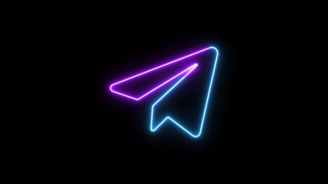 Glowing neon colorful line telegram icon animation isolated on black background
