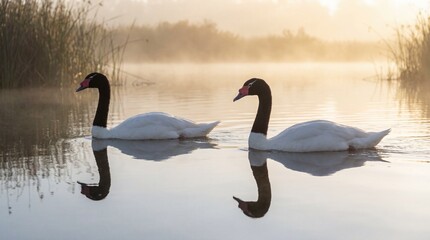 Two elegant black-necked swans glide serenely across the calm, reflective waters of a misty lake at sunrise, creating a captivating scene of nature's beauty and tranquility.