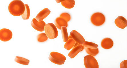 Sliced carrots floating and falling against a bright white background Keywords: carrot, slice, round, orange, food, vegetable, ingredient, healthy, fresh, raw, cut, floating, falling, motion