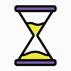 Hourglass with yellow sand in modern minimalist design with purple accents in flat illustration style for time management